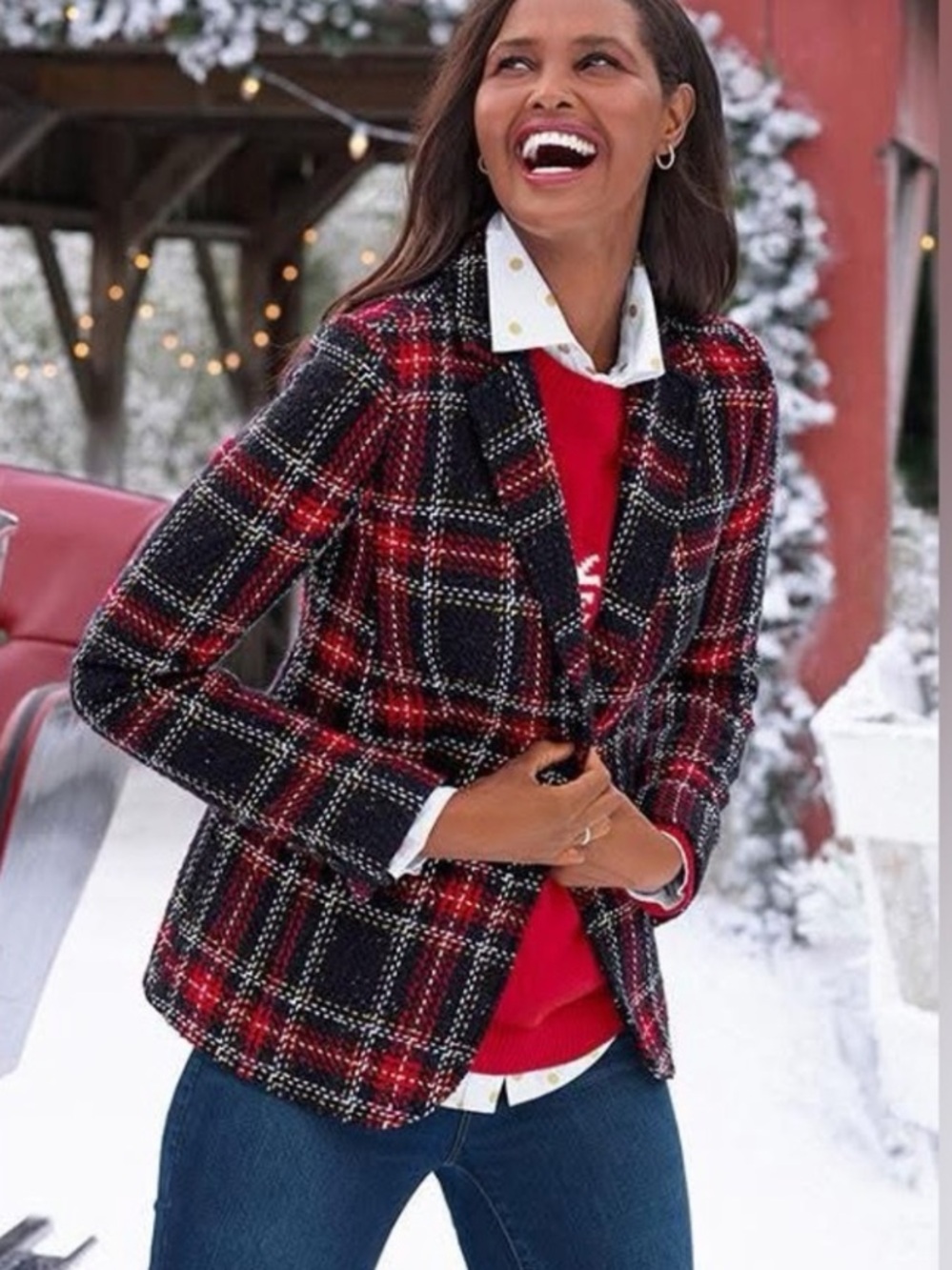 Talbots Red & Black Plaid Aberdeen Black and Red Tweed Wool blend Blazer Sz 12